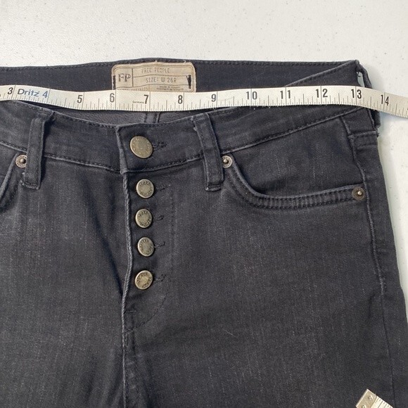 Free People Regan Exposed Button Fly  Black Skinny Jeans Raw Hem Ankle Stretchy - Picture 12 of 16